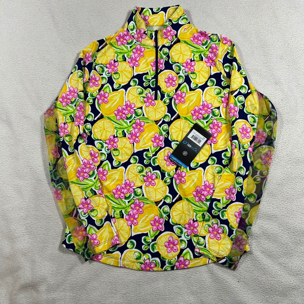 NWT IBKUL Mock Neck Top Womens XS Navy Multi Calista Lemon Floral IceFil UPF 50+